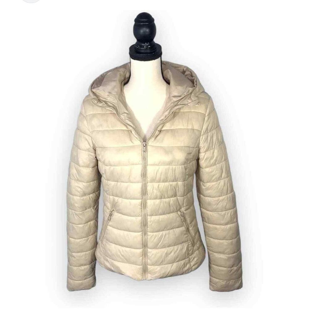 NWT Women's Sinsay Outerwear Collection Cream Zip Up Puffer Hooded Jacket Size M